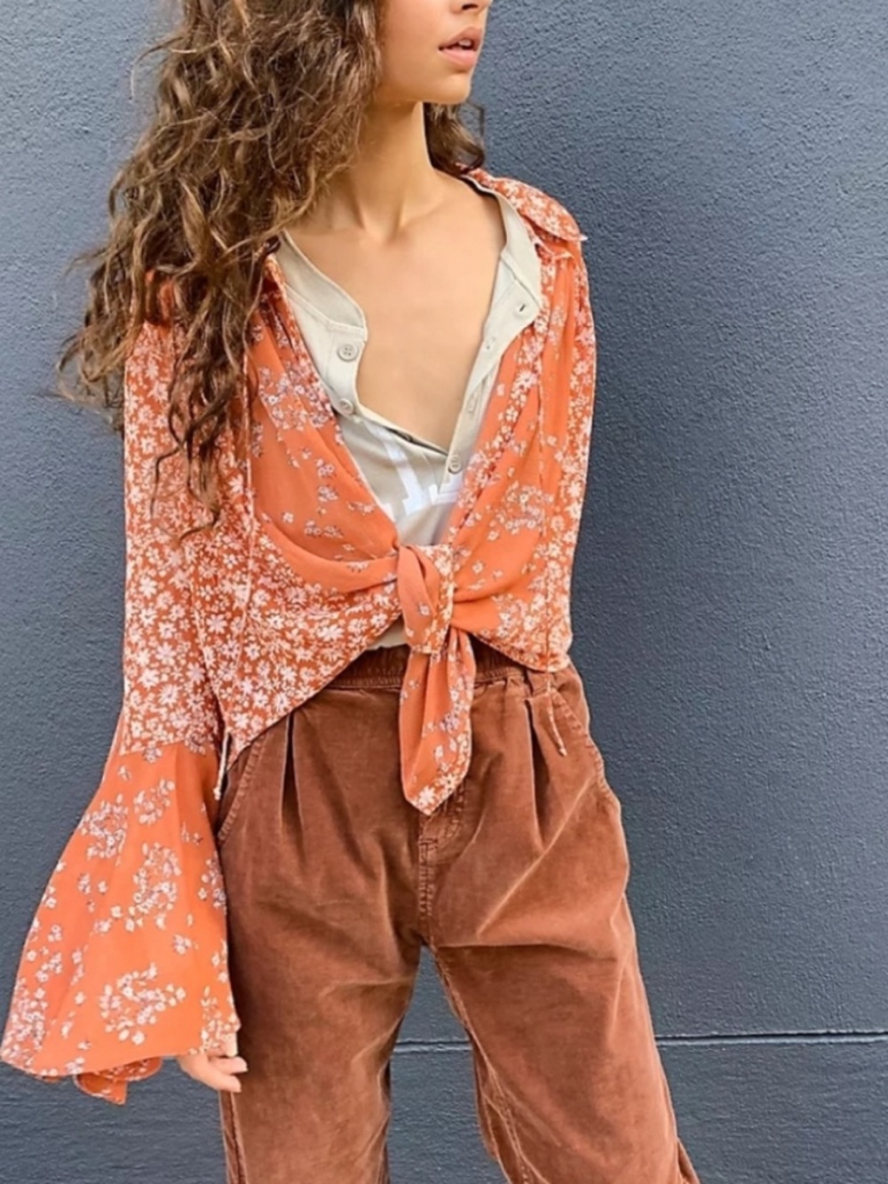 Free people Serena Floral Tie-Front Bell Sleeve Top - Rust